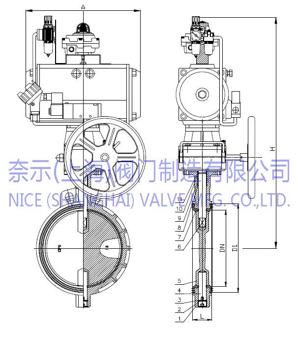 D671X-16Q软密封气动对夹蝶阀示意图